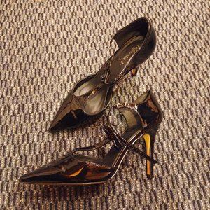 Black patent T-strap pumps, size 10-11